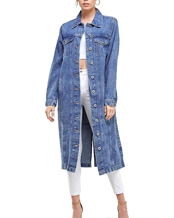 Women's Long Casual Maxi Length Denim Cotton Coat Oversize Button Up Jean Jacket | Amazon (US)