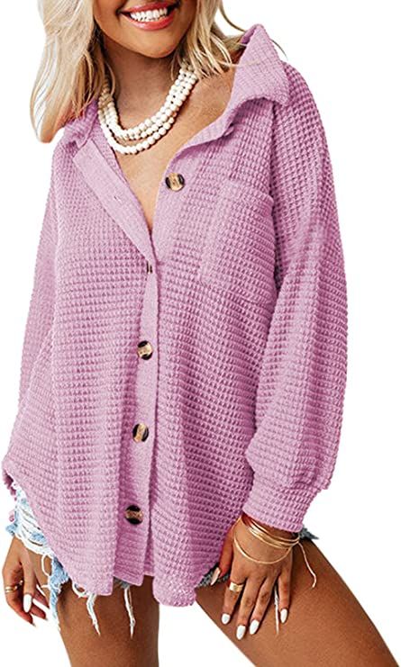 SHEWIN Womens Button Down Shirts Waffle Knit Shacket Jacket Long Sleeve Blouses Tops | Amazon (US)