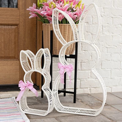 Rattan Bunnies Outdoor Statues, Set of 2, White/Pink, 14.25W x 5D 28.75H | Kirkland's Home | Kirklands