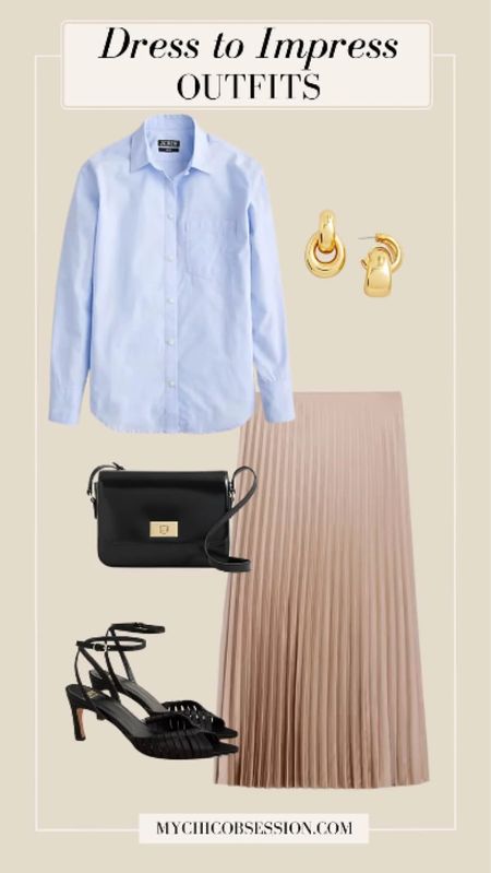 Sometimes the most elegant outfits come down to the details, such as your pieces being clean and ironed. For this look, pair a French blue button-down with a crepe midi skirt. Add gold earrings, strappy black heels, and a leather bag.

#LTKStyleTip #LTKSeasonal