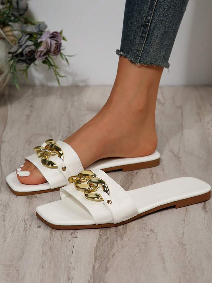 Women's Fashionable Slip-on Flat Sandals, Open Toe, Solid Color With Metallic Buckle Decoration, ... | SHEIN