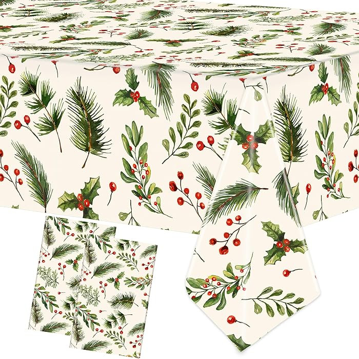 2PCS Christmas Holly Plastic Tablecloths 54" X 108" Xmas Disposable Rectangular Tablecloth Holly ... | Amazon (US)