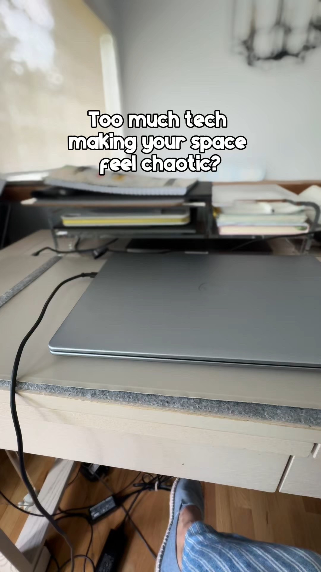 If your workspace is drowning in tech and cords, here’s my favorite low‑tech fix:

A simple magazine basket. 🧺
Drop everything in, clear the visual clutter, and reclaim your desk in seconds.