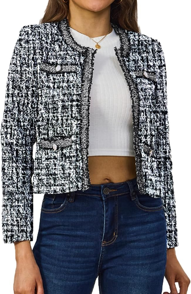 Women's Tweed Blazers Cropped Long Sleeve Crewneck Open Front Lace Trim Lightweight Plaid Work Bu... | Amazon (US)