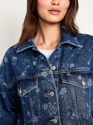 Oversized Floral Print Jean Trucker Jacket | Old Navy (US)