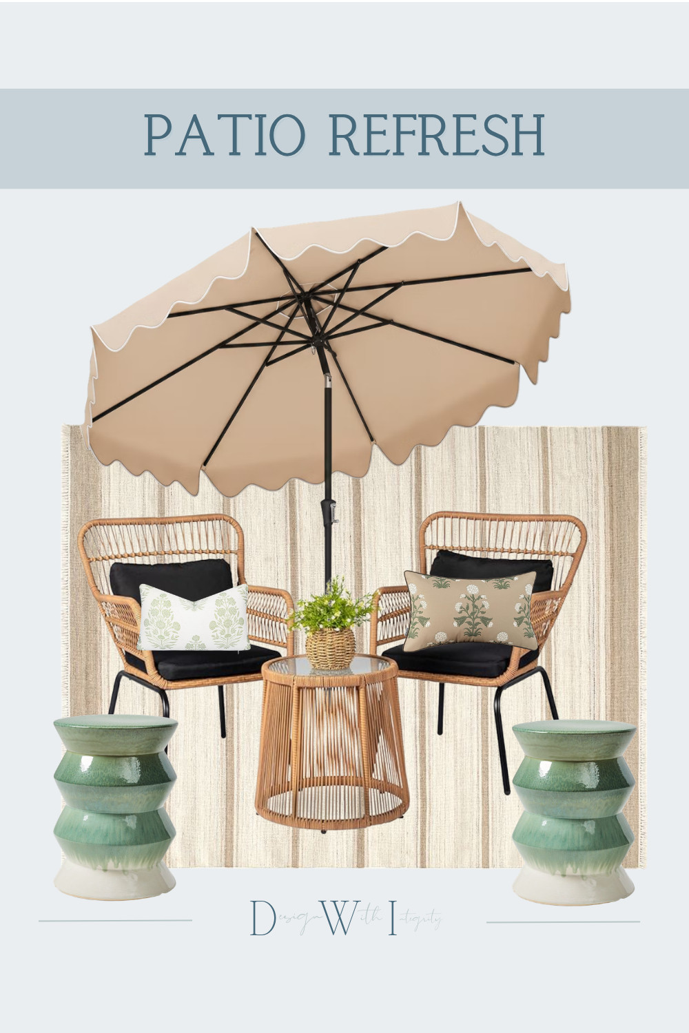 A patio refresh built around warm texture, soft greens, and a little pattern play. I love the contrast of the natural woven chairs and table against the black cushions, then softening the look with botanical outdoor pillows, a neutral striped rug, and those beautiful green ceramic garden stools.

The scalloped neutral umbrella ties everything together and gives the space that polished, designer finishing touch. Tap through to shop the pillows and all of the outdoor finds featured in this look.

#OutdoorLiving #PatioDecor #OutdoorPillows #PatioInspiration #OutdoorDecor #PatioRefresh #OutdoorFurniture #OutdoorStyle


outdoor pillows, patio pillows, green outdoor pillows, botanical pillows, neutral outdoor pillows, outdoor furniture, woven patio chairs, patio chairs, patio umbrella, scalloped umbrella, outdoor rug, neutral outdoor rug, ceramic garden stool, green garden stool, outdoor side table, patio decor, patio refresh, outdoor living, backyard decor, designer patio, shop the look 

 #LTKSeasonal #LTKHome