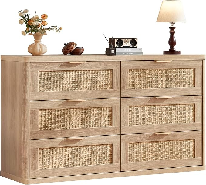 LEYAOYAO Rattan 6 Drawer Dresser for Bedroom, Boho 54" Wide Natural Wood Dresser Chest of Drawers... | Amazon (US)