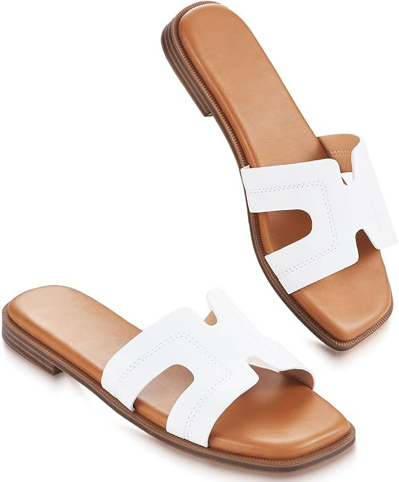 Womens Sandals Slip On Fashion Flat Sandals Soft Memory Foam Slides Comfortable Leather Open Toe ... | Amazon (US)