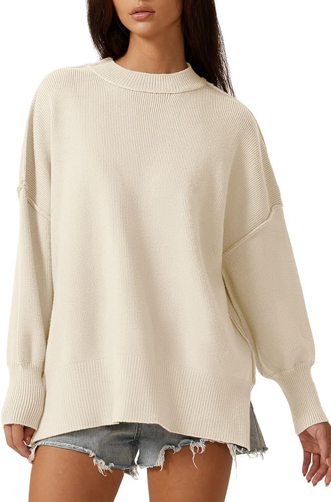 QINSEN Womens Mock Neck Long Sleeve Pullover Drop Shoulder Side Slit Street Tunic Sweater | Amazon (US)