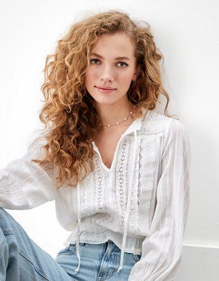 AE Long-Sleeve Lace Blouse | American Eagle Outfitters (US & CA)