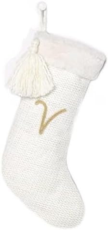 Queen of the Castle Luxe Knit Monogram Christmas Stocking White/Gold Letter (V) | Amazon (US)