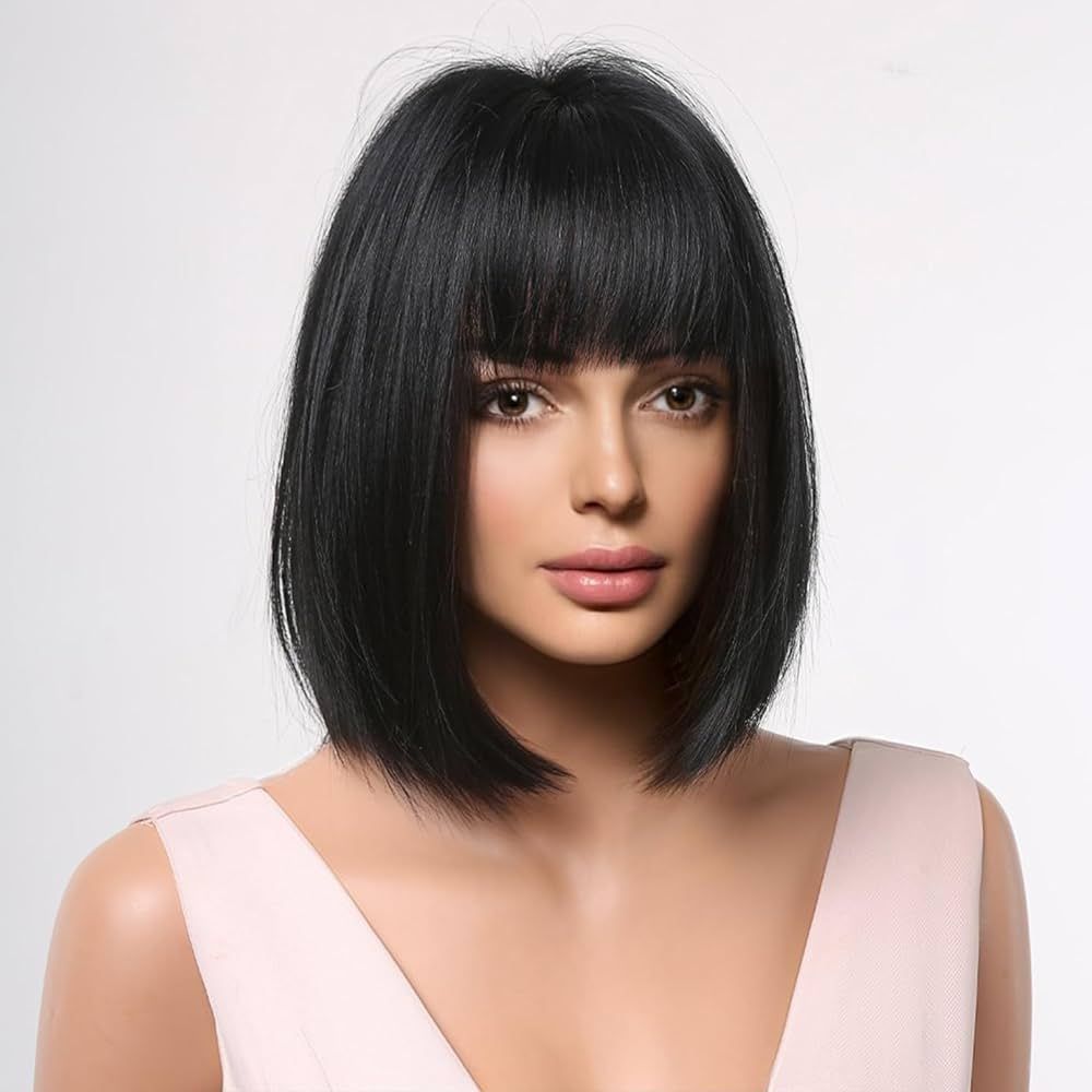 BERON Black Bob Wigs Short Straight Hair Wig for Women Wigs with Bangs Synthetic Daily Use Wigs W... | Amazon (US)