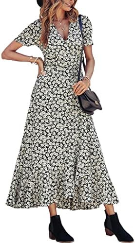 PRETTYGARDEN Women's Boho Floral Maxi Dress Summer Short Sleeve Wrap V Neck Long Flowy Beach Vaca... | Amazon (US)