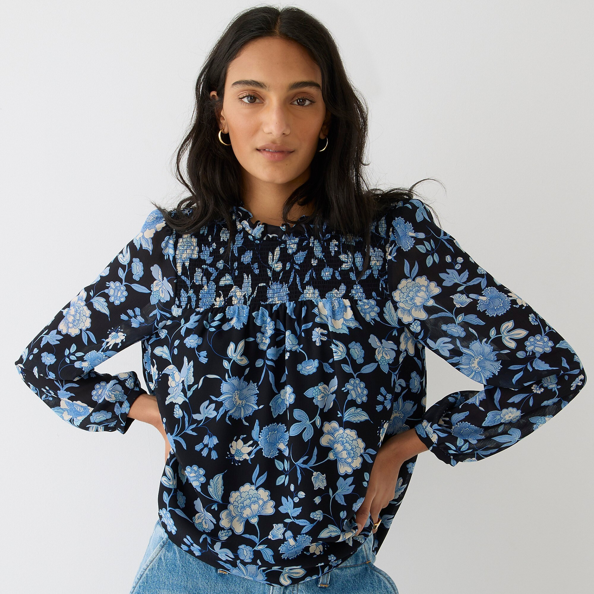 Ruffleneck chiffon top in midnight-blue floral | J. Crew US