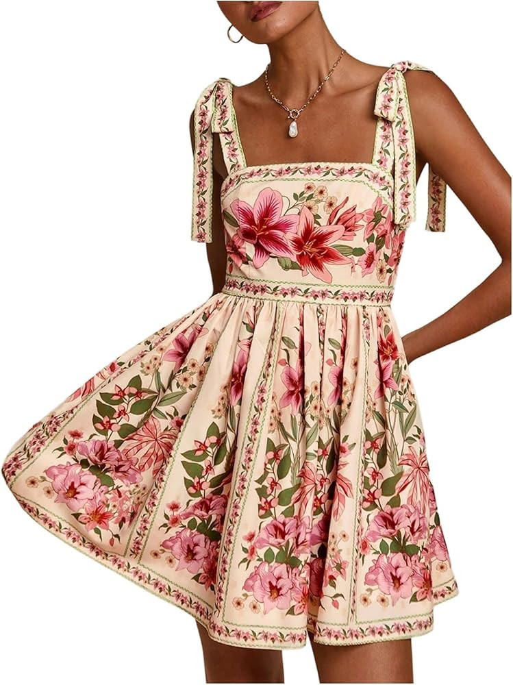OYOANGLE Women's Boho Dress Floral Tropical Vacation Dress Sleeveless Tie Shoulder Summer Flowy M... | Amazon (US)