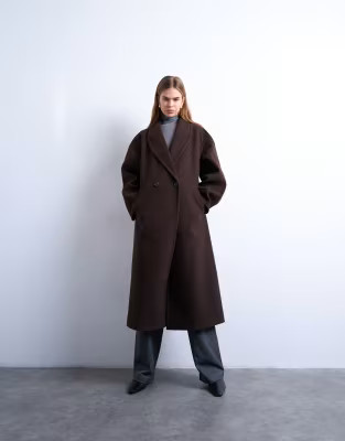 Topshop ovoid sleeve double breasted longline formal coat in chocolate | ASOS (Global)