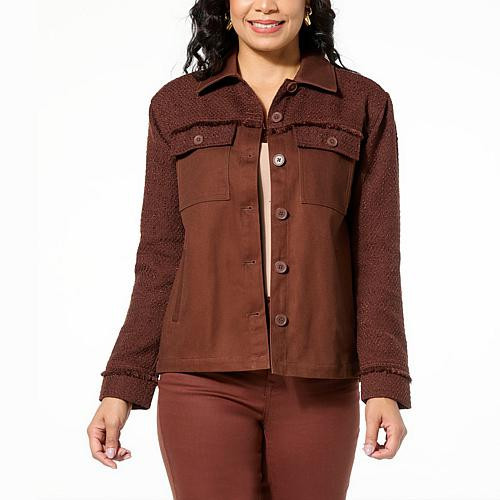 DG2 by Diane Gilman Boucle and Twill Combo Jacket - Tan - Size 2X | HSN