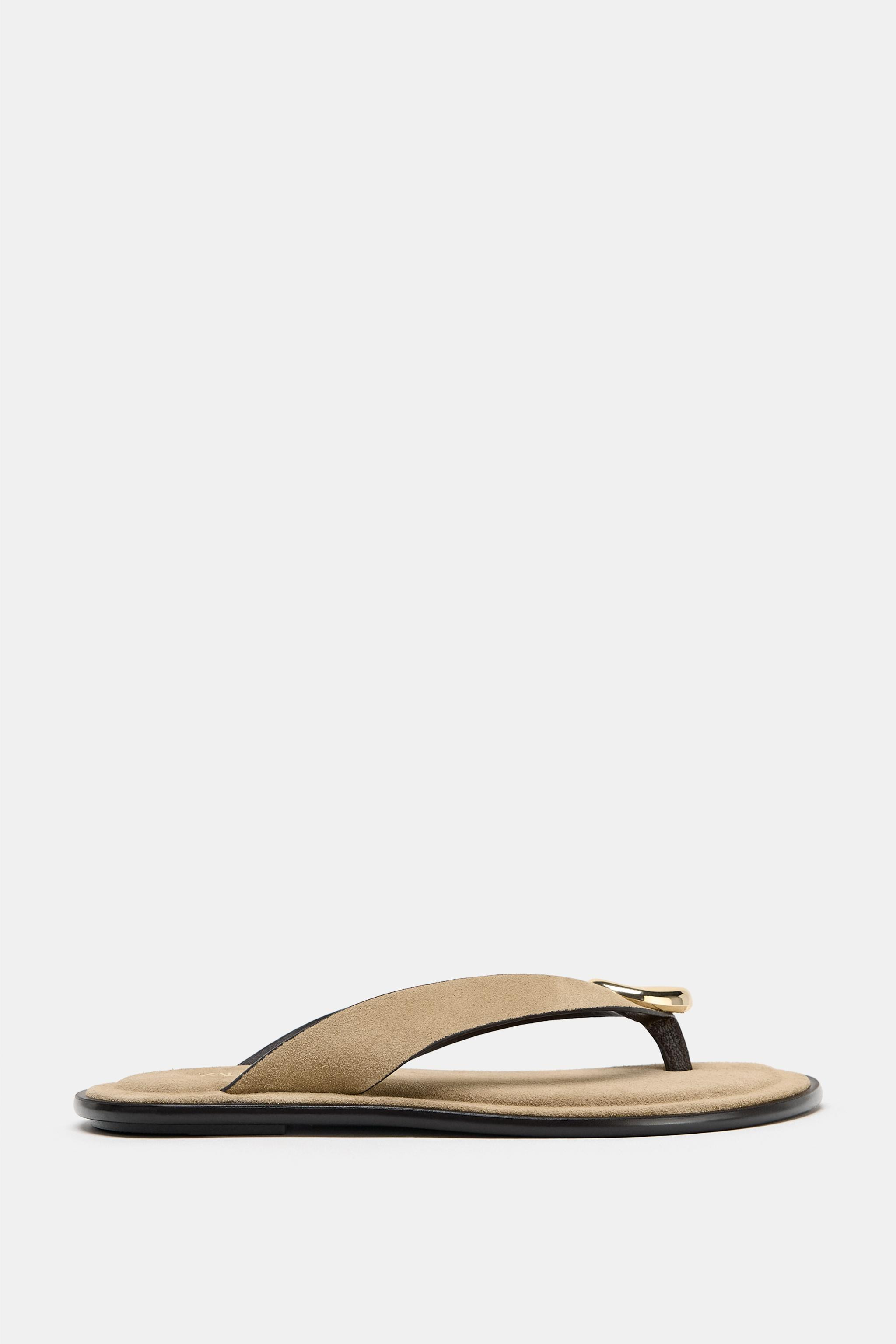 FLAT SPLIT SUEDE SANDALS WITH METAL EMBELLISHMENT | Zara AU