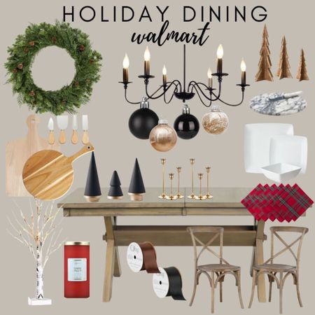Walmart holiday dining! 
Dining table 
Chairs
Wreath 
Cheese board 
Ornaments 
Chandelier 


#LTKhome #LTKSeasonal #LTKHoliday