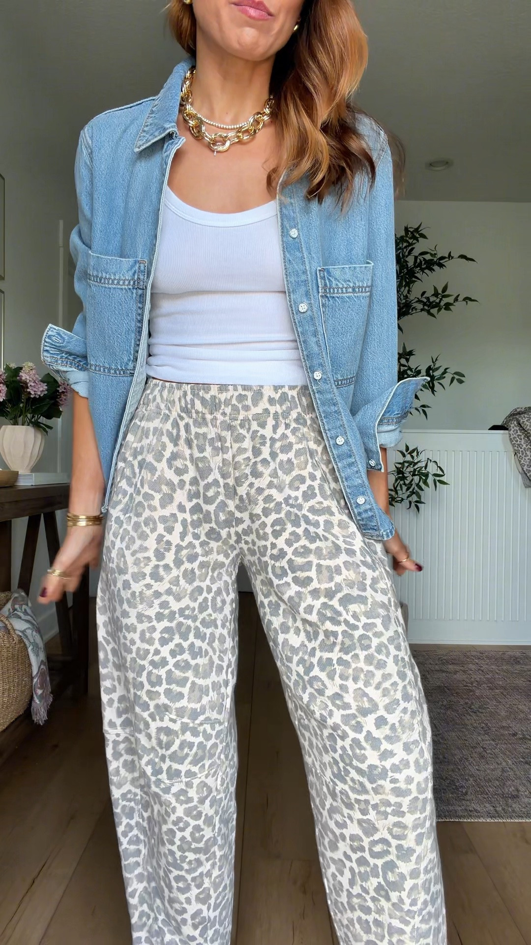 Aerie leopard sweatpants in XXS with a slight barrel leg. Target denim top in XS. Rothy’s machine washable clogs - size down if you’re a half size. Fall outfit. Casual outfit. Mom outfit. Every day outfit.