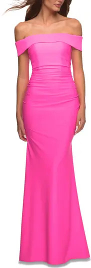 La Femme Long Off the Shoulder Ruched Neon Jersey Dress | Nordstrom | Nordstrom