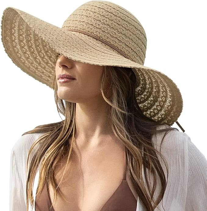 Womens Sun Hat, Floppy Beach Summer Hats with Wide Brim, Packable Lace Hats for Women | Amazon (US)