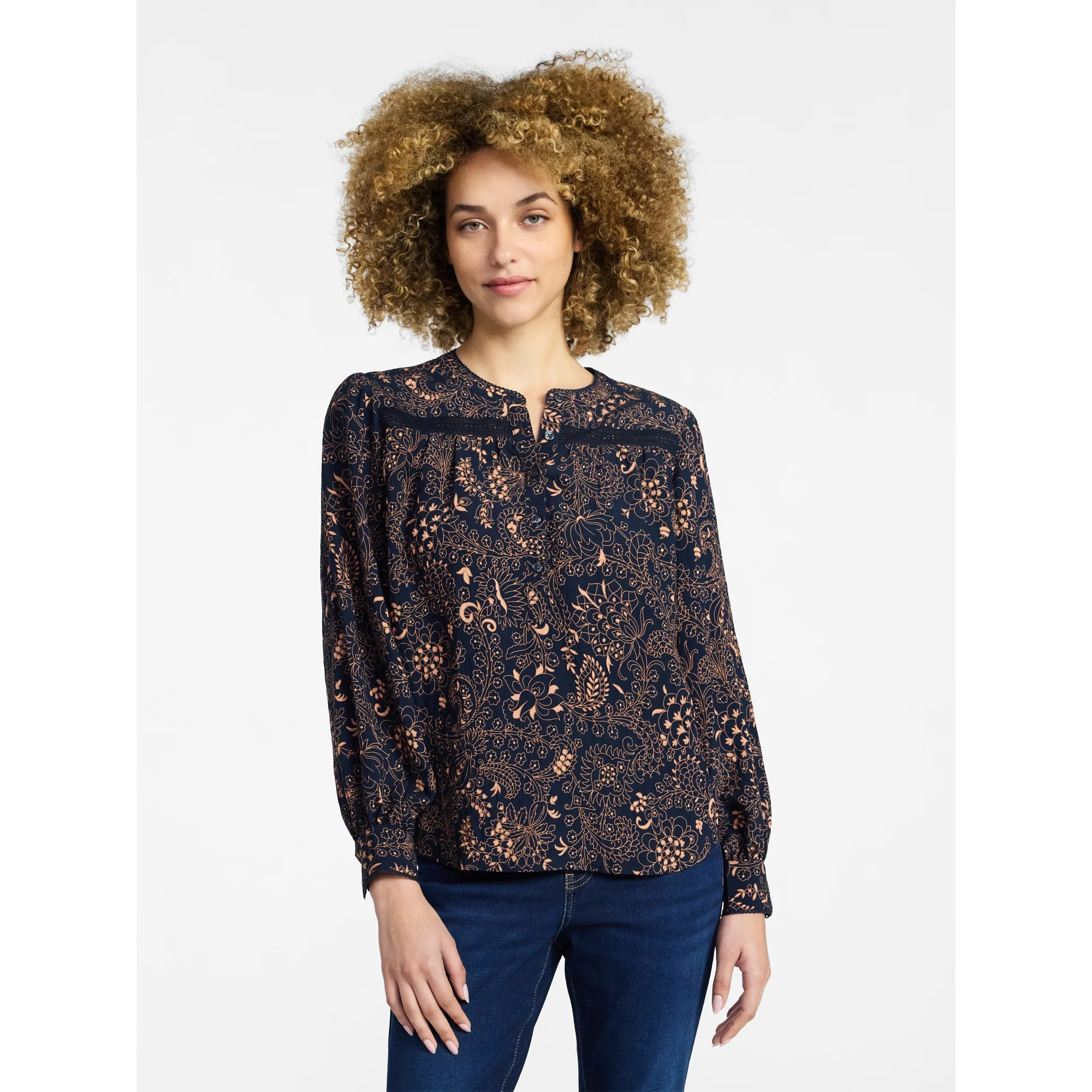 Time and Tru Women's Lace Yoke Shirt with Long Sleeves Sizes XS-XXXL | Walmart (US)
