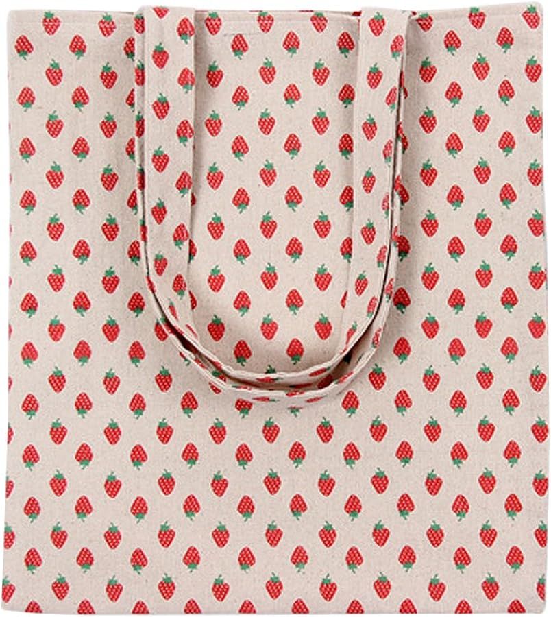 Caixia Women's Cotton Strawberry Print Canvas Tote Shopping Bag Light Brown | Amazon (US)