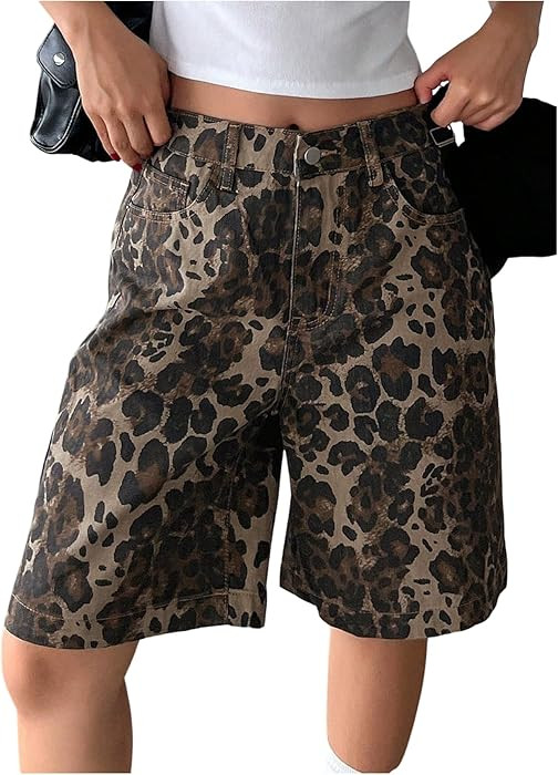 WDIRARA Bermudas de mezclilla de cintura alta con estampado de leopardo para mujer, pantalones co... | Amazon (US)