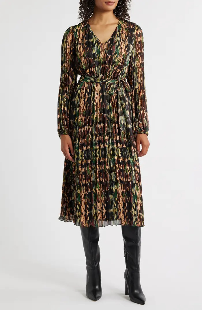 Sam Edelman Metallic Plissé Long Sleeve Midi Dress | Nordstrom | Nordstrom