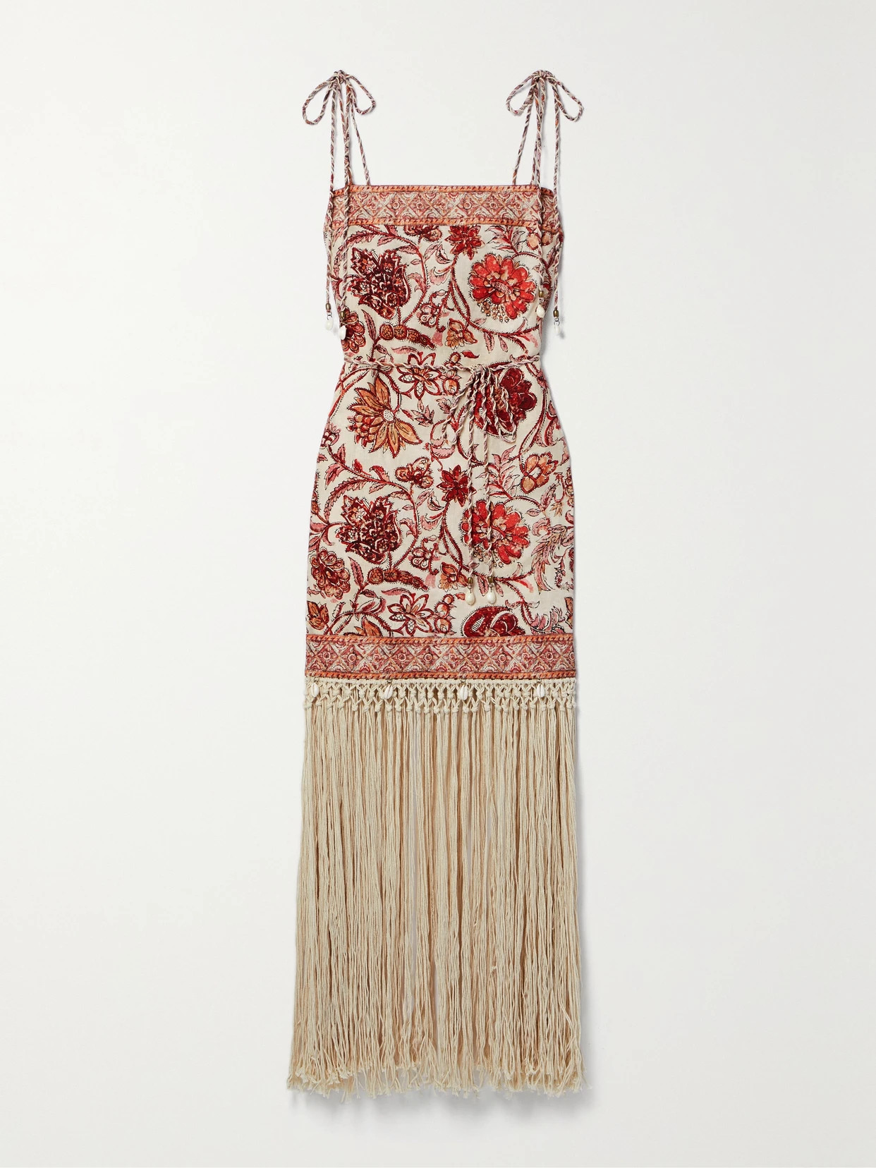 Zimmermann - Vitali Belted Fringed Embellished Printed Cotton Mini Dress - Red | NET-A-PORTER (US)