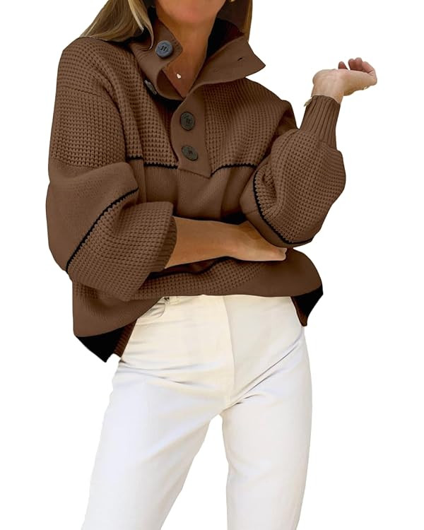 CHARTOU Women's Waffle Knit Knitwear Slouchy Striped Polo Collared Long Sleeve Pullover Sweater T... | Amazon (US)