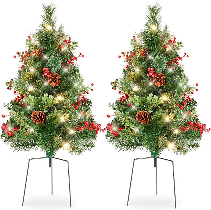 Best Choice Products Set of 2 24.5in Outdoor Pathway Christmas Trees, Battery Operated Pre-Lit Ho... | Amazon (US)