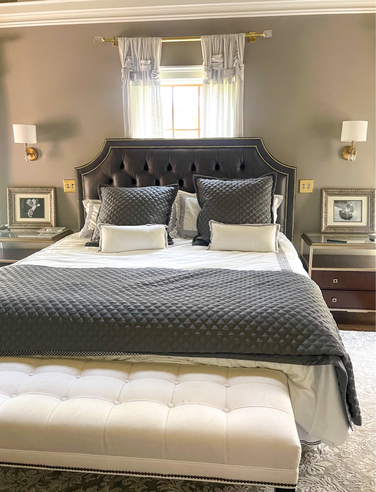 Modern master bedroom black and white cream bedroom with wood accents. The bedding set and pillow set are sold out so I linked similar. I love this black tufted headboard with the nail details. Pillows and shams are a mix of variety of places and the curtains are from Amazon. Art deco bedroom, simple bedroom, elegant bedroom, neutral bedroom, master bedroom window, black and white bedroom, gray and white bedroom, gray comforter, black tufted headboard.

#LTKhome