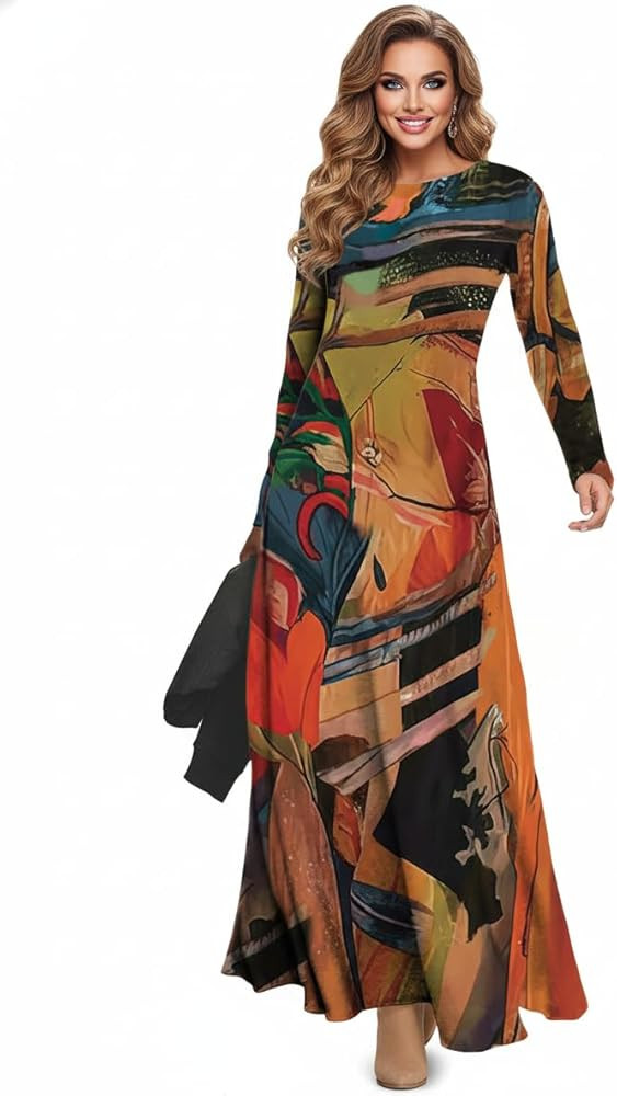 Women's Boho Print Maxi Long Sleeve A-Line Casual Flowy Gown Artistic Vintage Floral Geometric Ho... | Amazon (US)