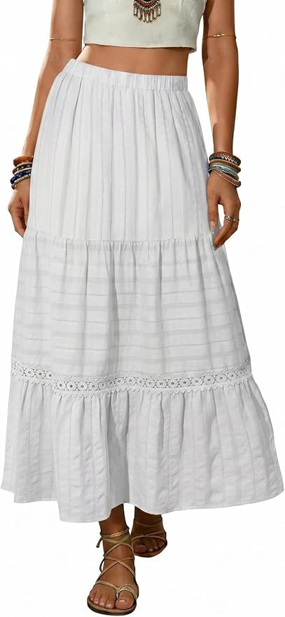 BLENCOT Women's Long Skirt Boho Crochet Lace Tiered High Waisted Cotton A-Line Flowy Maxi Skirt | Amazon (US)