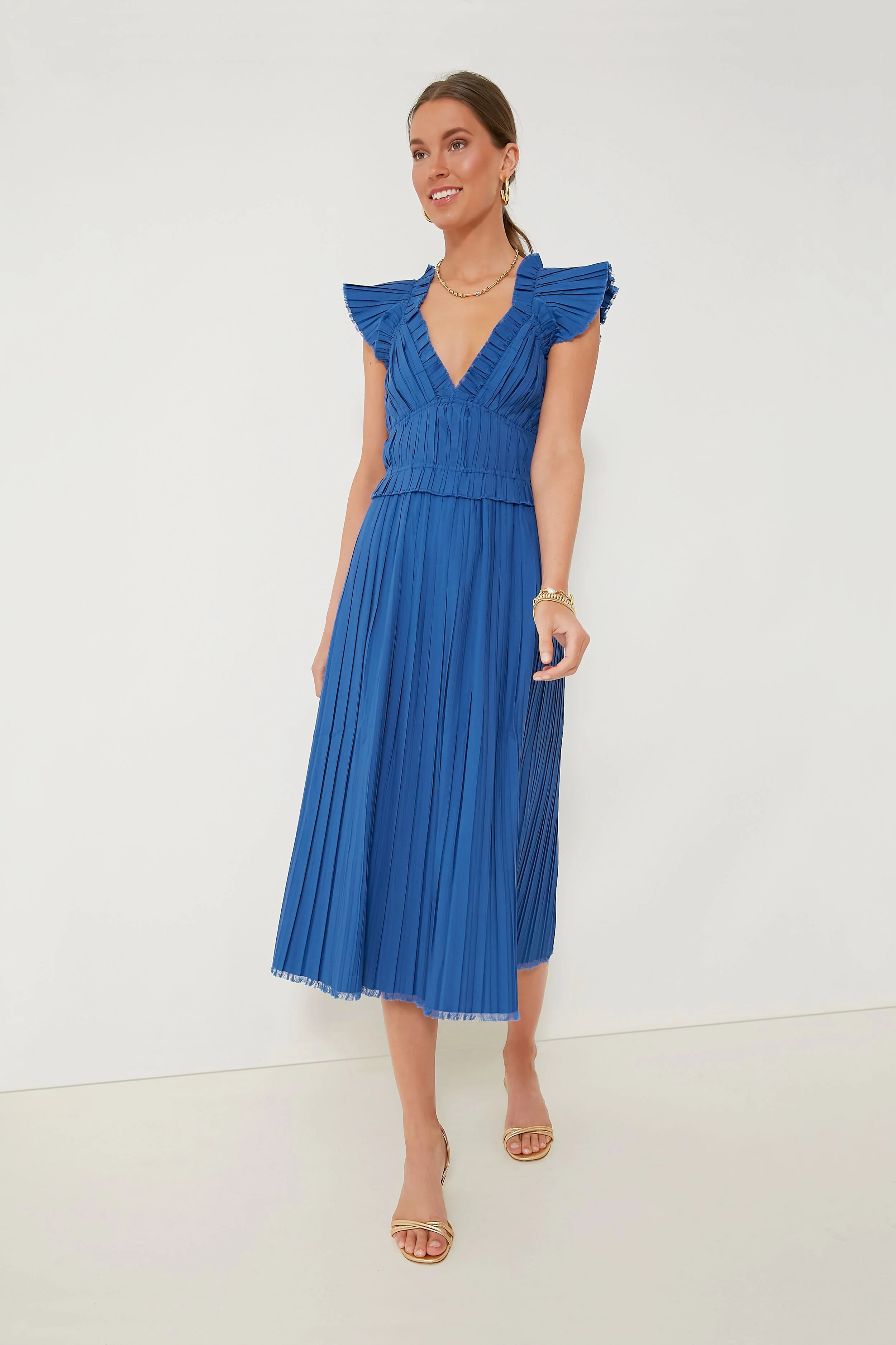 Blue Greir Pleating Flutter Sleeve V-Neck Dress | Tuckernuck (US)