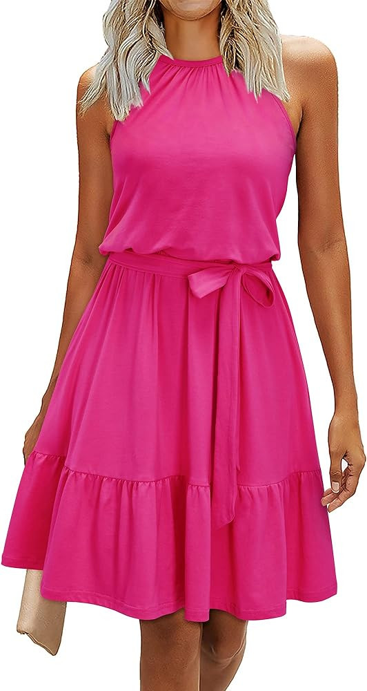 Newshows Womens 2025 Summer Dress Halter Wedding Guest Casual Beach Vacation Outfits Belted Sundr... | Amazon (US)