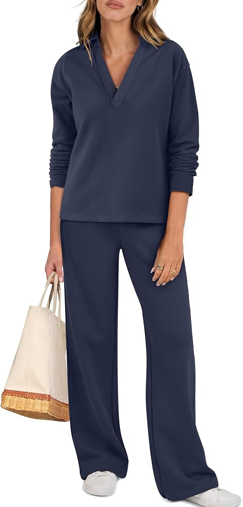 ANRABESS Lounge Sets for Women 2 Piece Outfits Sweatsuit Set Fall V Neck Sweatshirts Wide Leg Pan... | Amazon (US)