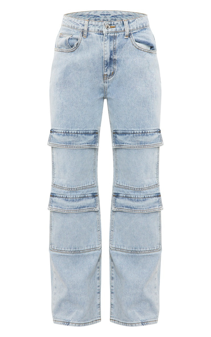 Light Blue Wash Cargo Front Pocket Baggy Boyfriend Jeans | PrettyLittleThing UK