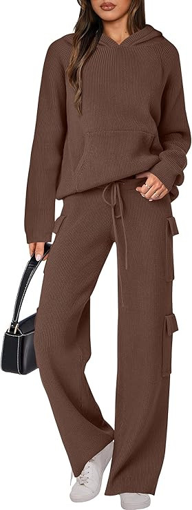 ANRABESS Women’s Two Piece Outfits Casual Knit Hooded Sweater Straight Leg Pants Set 2025 Fall ... | Amazon (US)