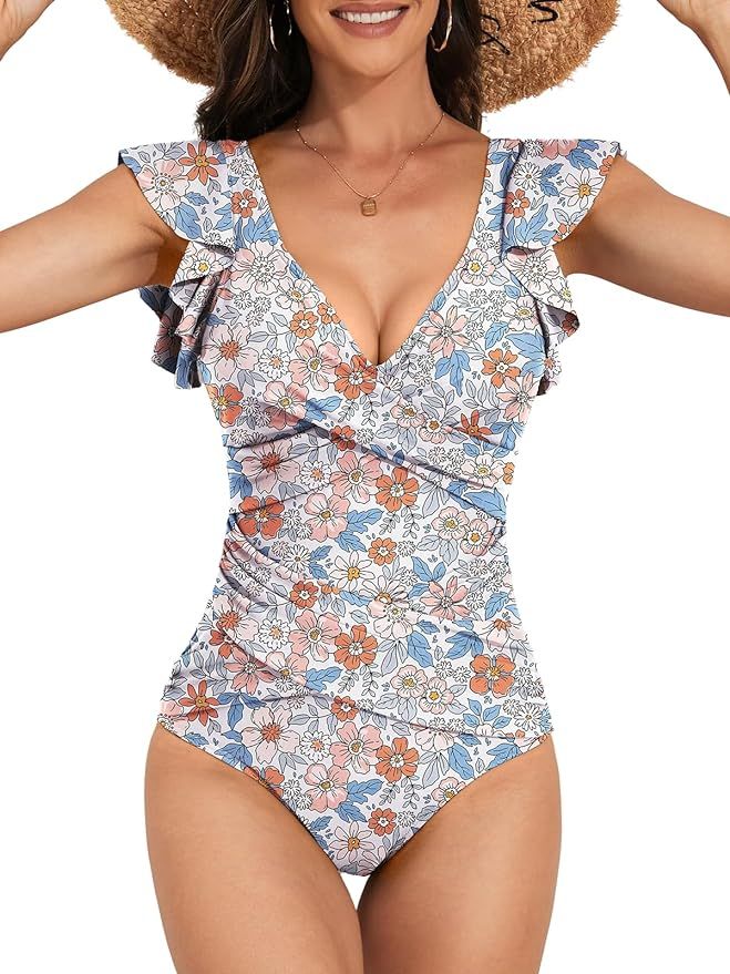 B2prity Women's One Piece Swimsuit Ruffle Slimming Tummy Control Bathing Suit Criss Cross High Wa... | Amazon (US)