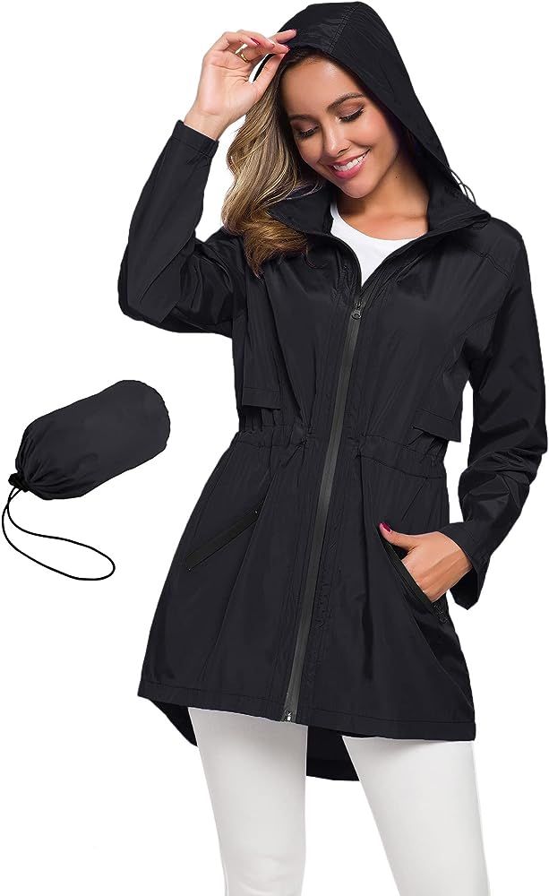 Avoogue Women's Long Raincoat with Hood Outdoor Lightweight Windbreaker Rain Jacket Waterproof | Amazon (US)