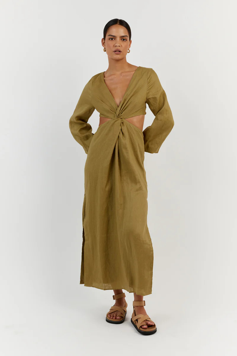 TINA OLIVE LINEN TWIST MIDI DRESS | DISSH