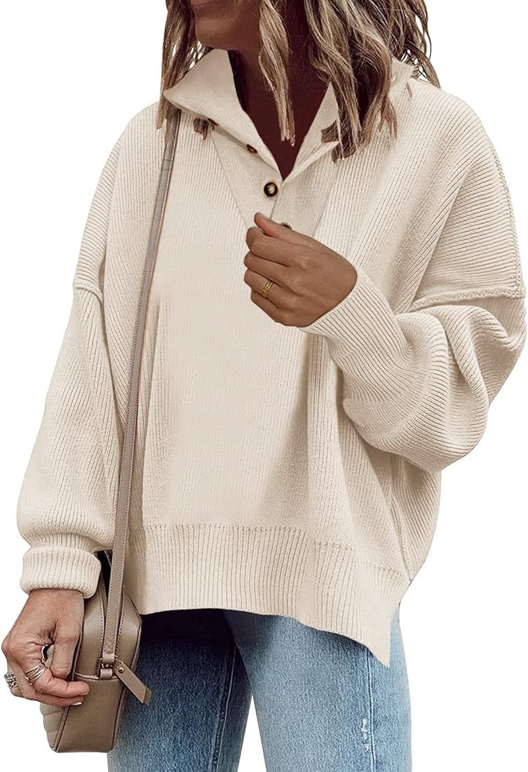 Womens Sweaters Casual Zipper Neck Knit Tops Batwing Sleeve Oversized Sweatshirt Stripes Pullover Sw | Amazon (US)