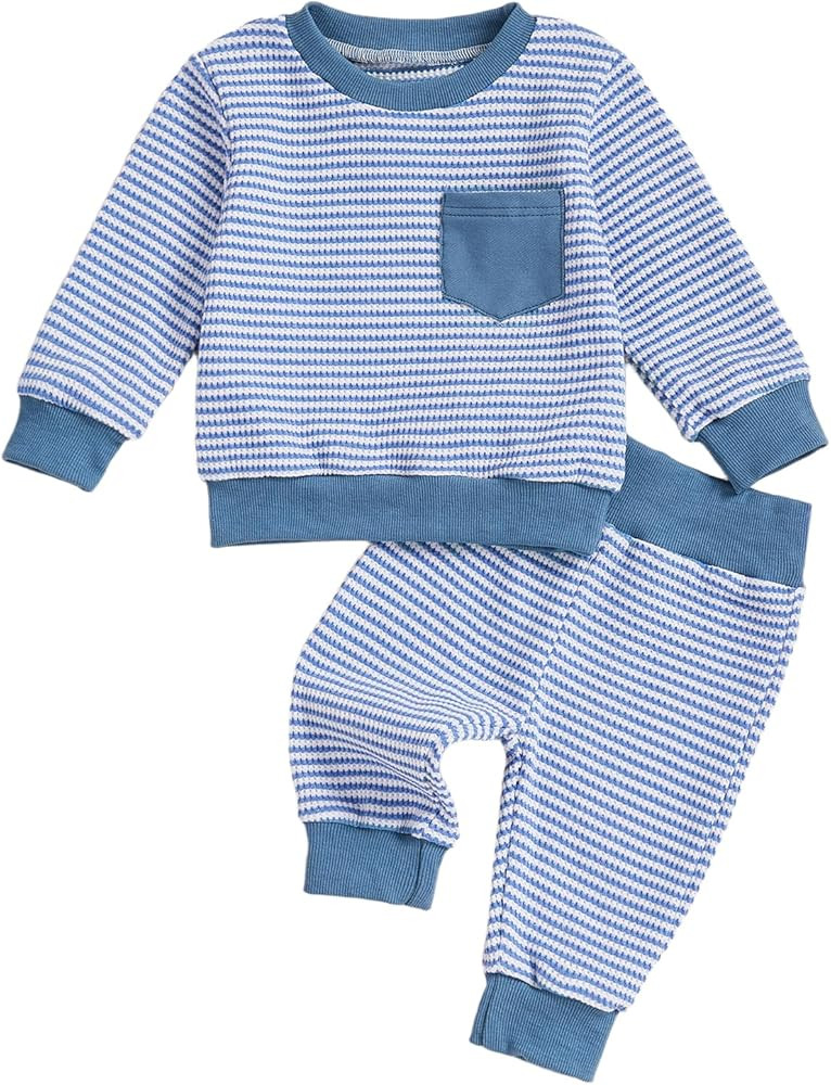 Baby Boy Toddler Fall Outfit Striped Sweatshirt Toddler Boy Winter Waffle Clothes 3 6 12 18 Month... | Amazon (US)