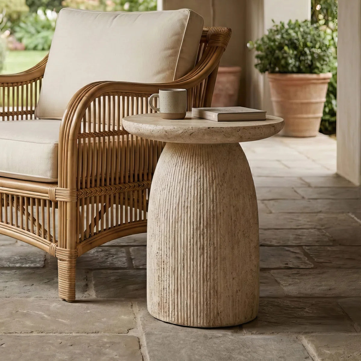 Fulcher Natural Stone 17" W Pedestal End Table with Travertine Effect | Wayfair North America