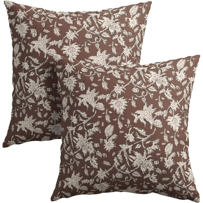 Brown Floral Block Print Throw Pillow Covers 18x18 Inch Set of 2 Vintage Boho Cottage Spring Fall... | Walmart (US)