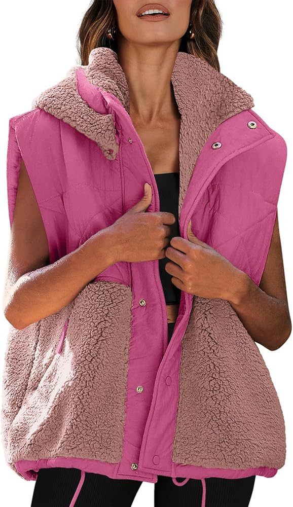 Nirovien Womens Oversized Quilted Vest Color Block Fleece Vest Button Down Padded Outwear Removea... | Amazon (US)