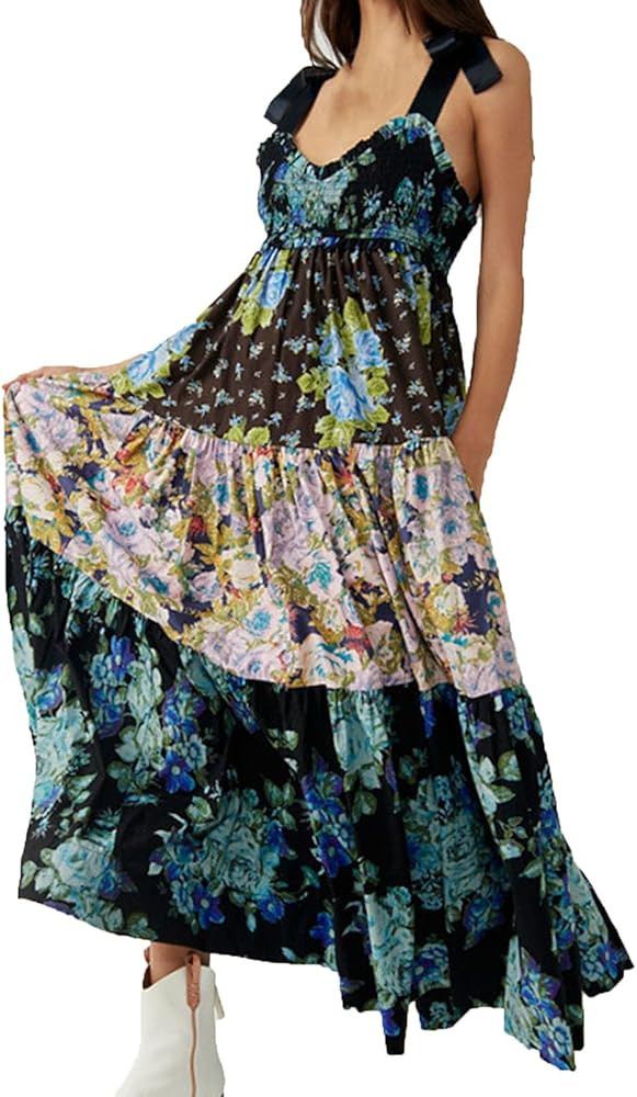 Summer Dresses for Women Flowy Smocked Maxi Dress Sleeveless Tie Shoulder Boho Dresses Y2K Floral... | Amazon (US)